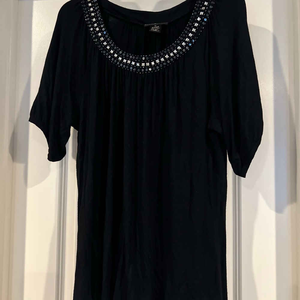 Black cotton blouse with sequin-rhinestone neckline